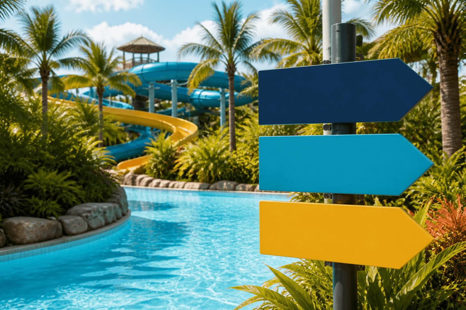 Three blank colorful direction signs beside a tropical waterpark pool.